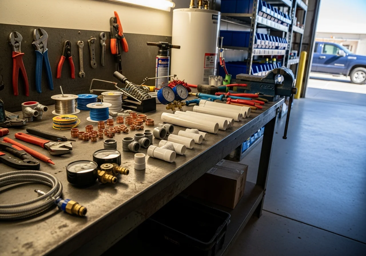 Plumbing tools and equipment arranged on a workbench, representing the trade expertise and service readiness of a professional plumbing crew.