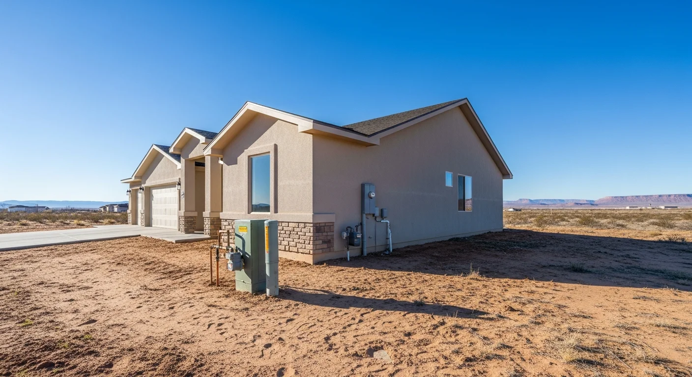 Wide view of a modern residential home in Hobbs with clear blue sky and desert landscaping typical of southeast New Mexico.