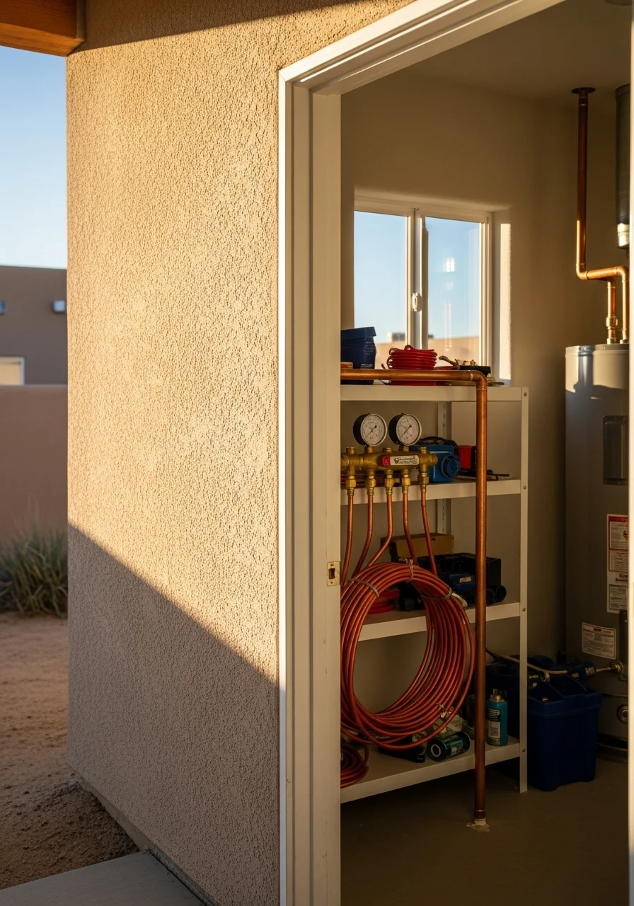 Portrait image of a professional tradesperson in work uniform standing beside a completed residential project in Lovington.