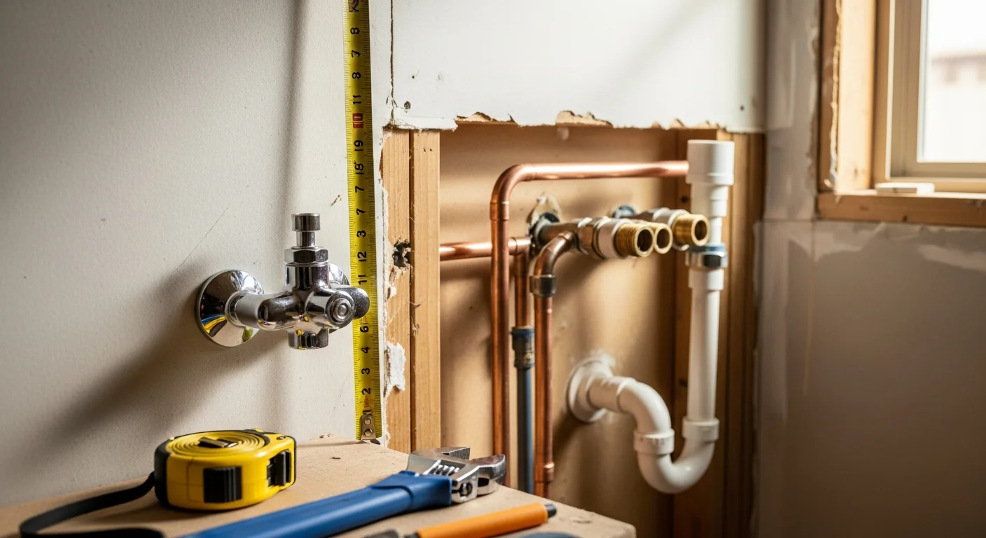 A remodeled bathroom in a Hobbs, NM home showing new supply lines, a wall-mounted vanity, and a tiled shower with freshly installed plumbing fixtures. The plumbing rough-in is visible behind an open wall section prior to drywall installation.