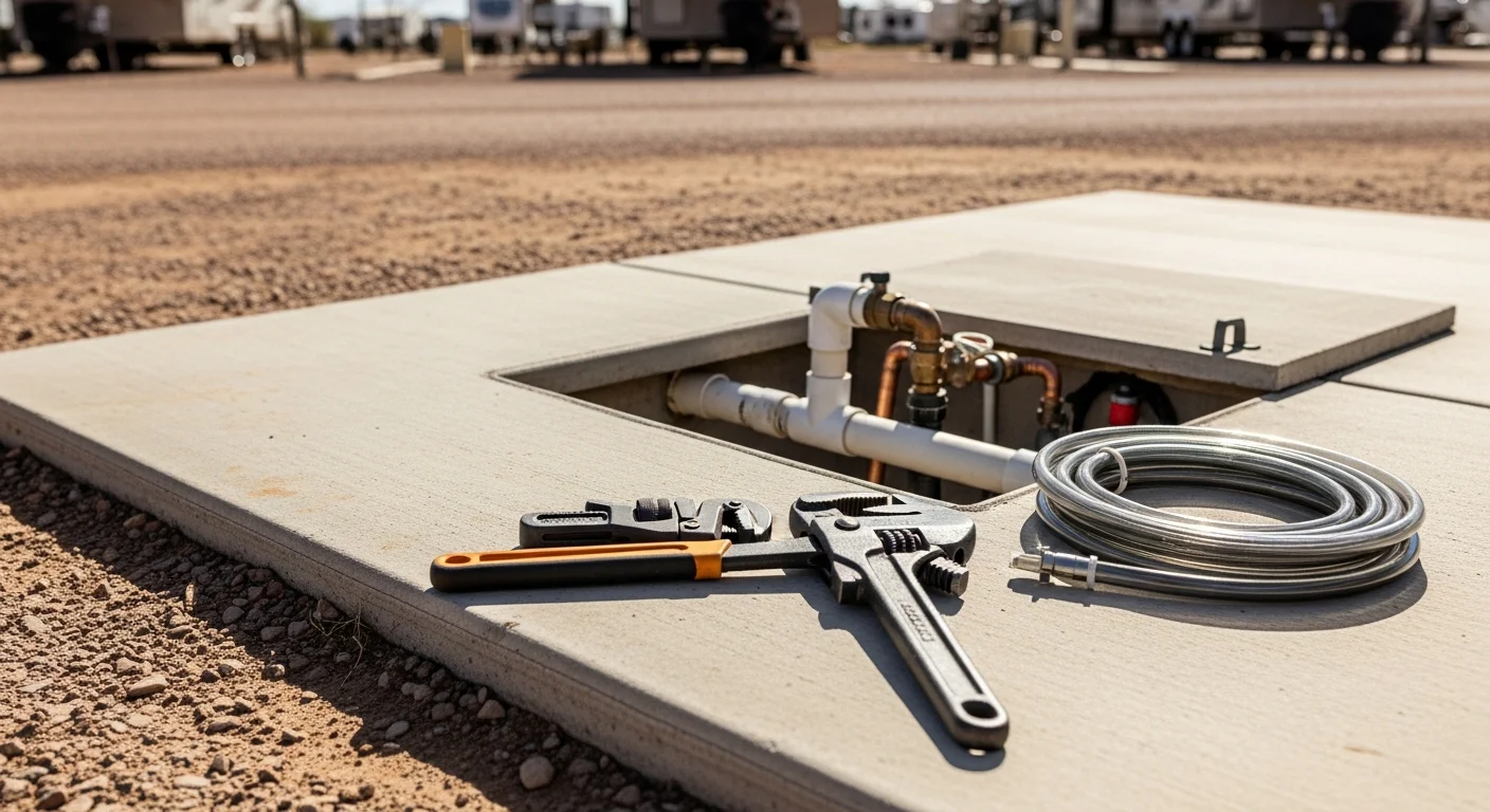 A plumber inspecting shared water supply lines and hookup pedestals at an RV park common area in Hobbs, New Mexico. The image shows exposed pipe connections near a restroom building with desert terrain visible in the background.