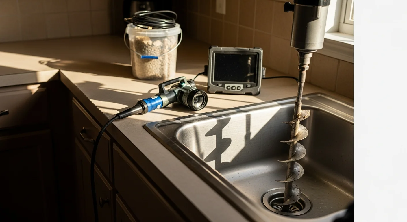 A plumber clearing a blocked kitchen drain under a sink in a Hobbs, New Mexico home. The drain pipe is fully exposed and the technician is using a drain cleaning tool to remove the clog.