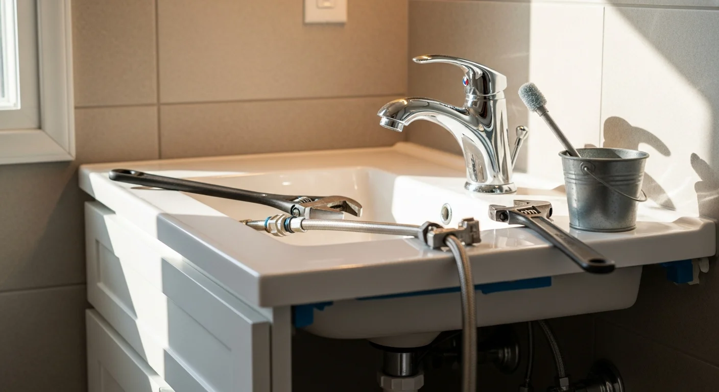 A licensed plumber installing a new bathroom sink fixture in a Hobbs, NM home during a plumbing remodel. The under-sink supply lines and drain connections are visible and neatly fitted.