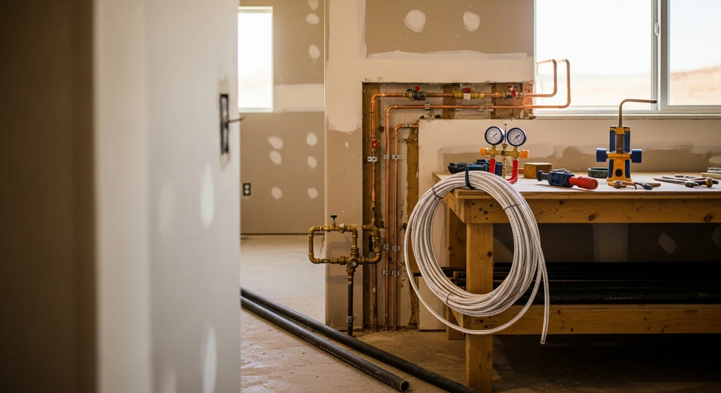 A licensed plumber from Galactic Plumbing Gas installing new gas supply lines inside a residential property in Hobbs, New Mexico. New pipe runs along the wall framing connecting to a gas water heater and furnace.