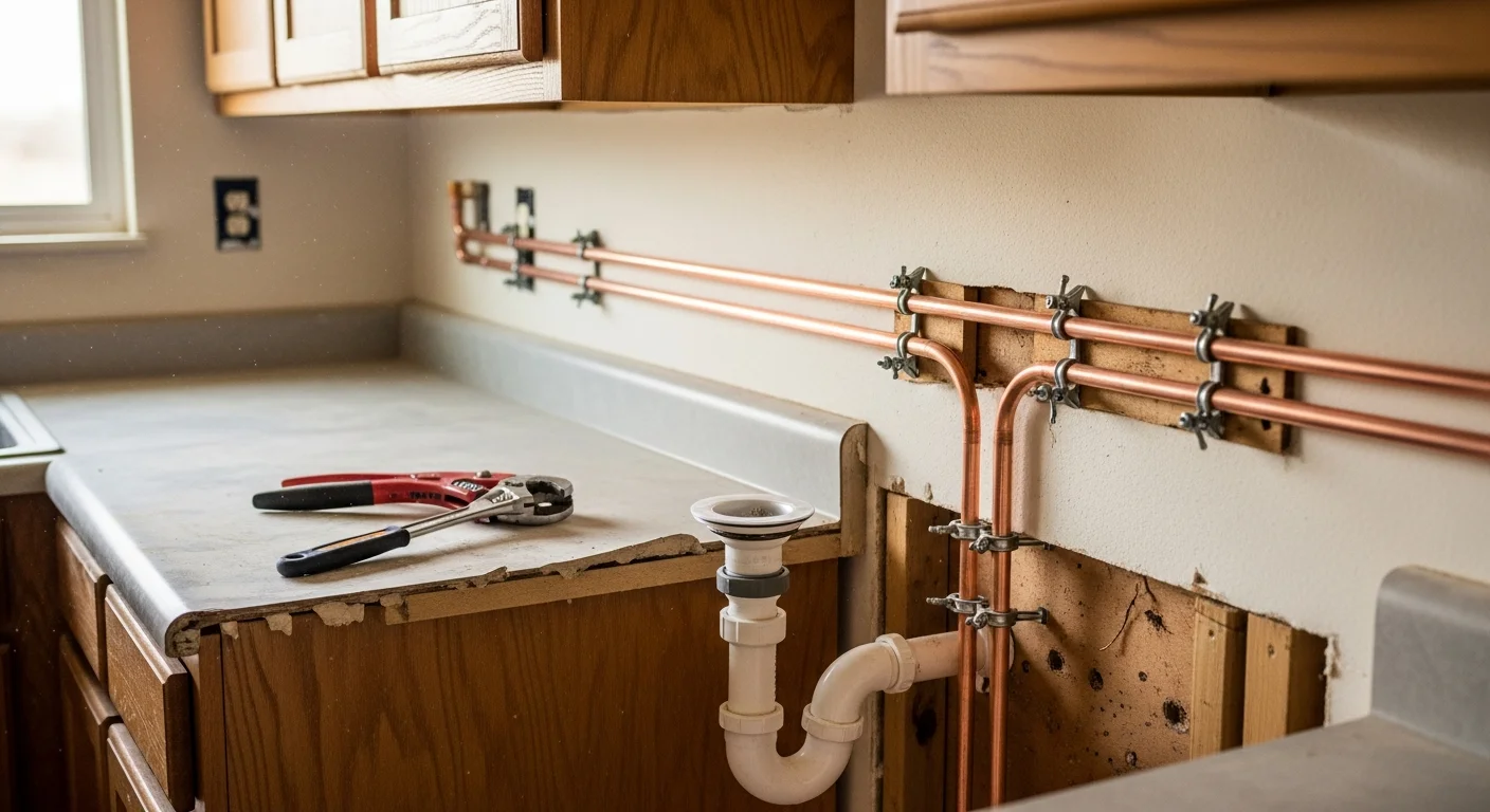 A licensed plumber from Galactic Plumbing Gas connecting new supply and drain lines under a kitchen sink during a remodel in a Hobbs, NM home. The cabinet interior shows clean pipe runs and properly fitted connections.