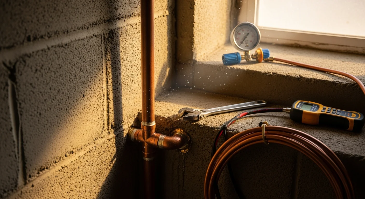 A licensed plumber from Galactic Plumbing Gas repairing a leaking supply line under a kitchen sink in a Hobbs, NM home. The repaired pipe connection is visible with no active dripping.