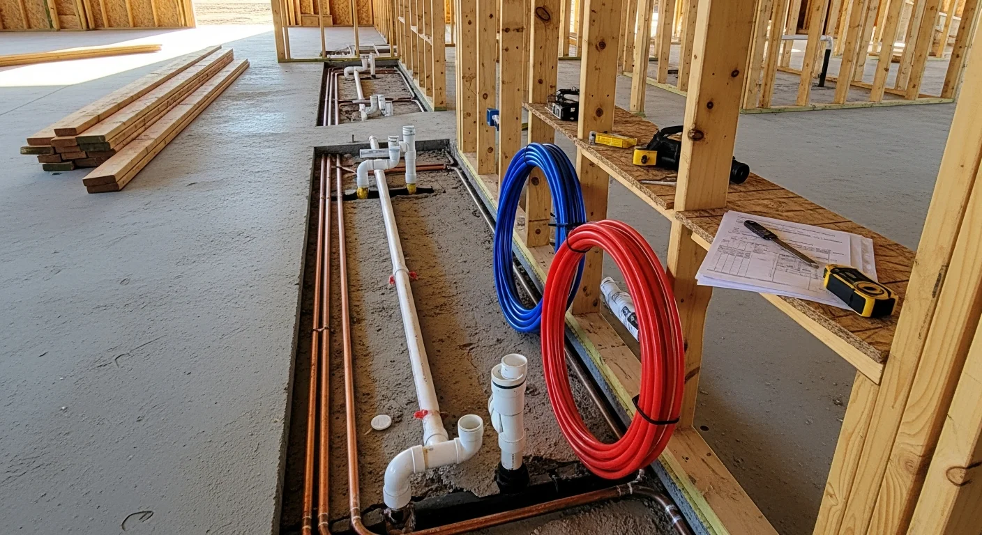 A Hobbs, NM new construction home framing stage showing exposed rough-in supply and drain lines running through floor joists and wall studs before drywall installation. Galactic Plumbing Gas rough-in plumbing work in progress on a residential build in Hobbs.