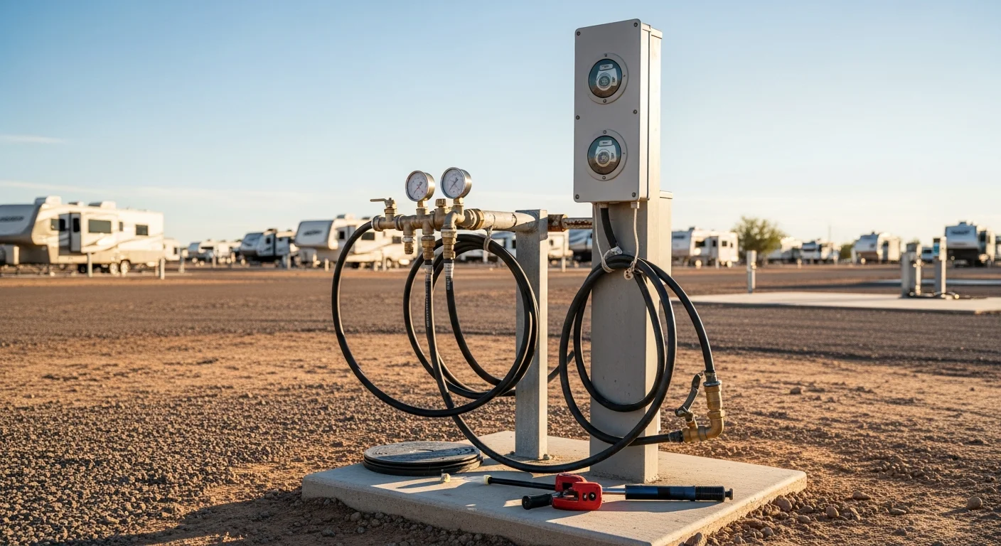 A plumber inspecting and tightening a water spigot and sewer inlet connection at a full-hookup RV site in Hobbs, New Mexico. Exposed pedestal plumbing fittings and a ground-level sewer cap are visible at the site pad.