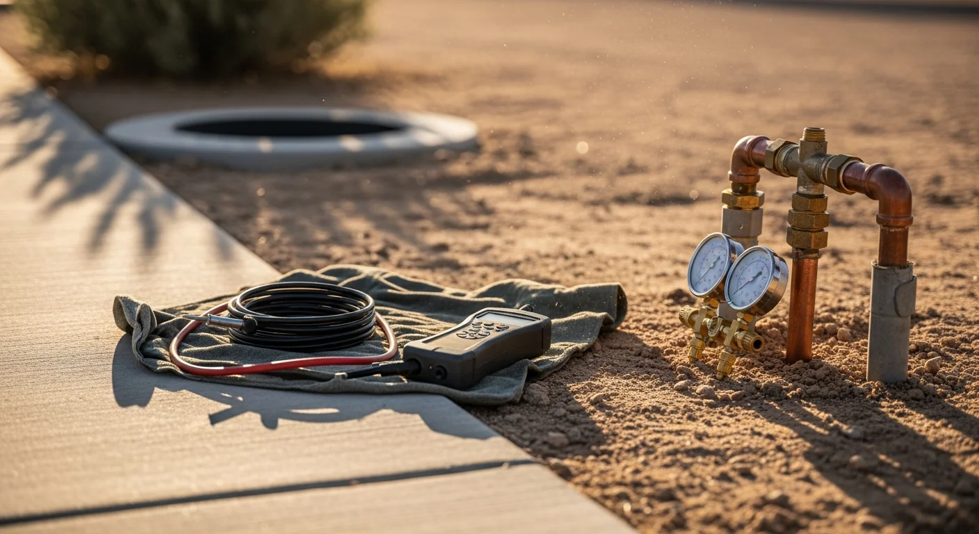 A licensed plumber inspecting an RV sewer hookup connection and water supply pedestal at an outdoor RV park site in Hobbs, New Mexico. The image shows the plumber checking pipe fittings and sewer inlet seals at ground level on a dry, open desert lot.
