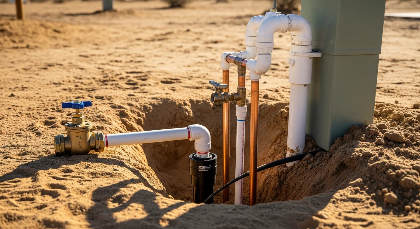 A plumber repairing a water supply line at an RV hookup pedestal at a full-hookup RV park in Hobbs, New Mexico. The site shows a sewer inlet and water connection point with desert landscaping in the background.