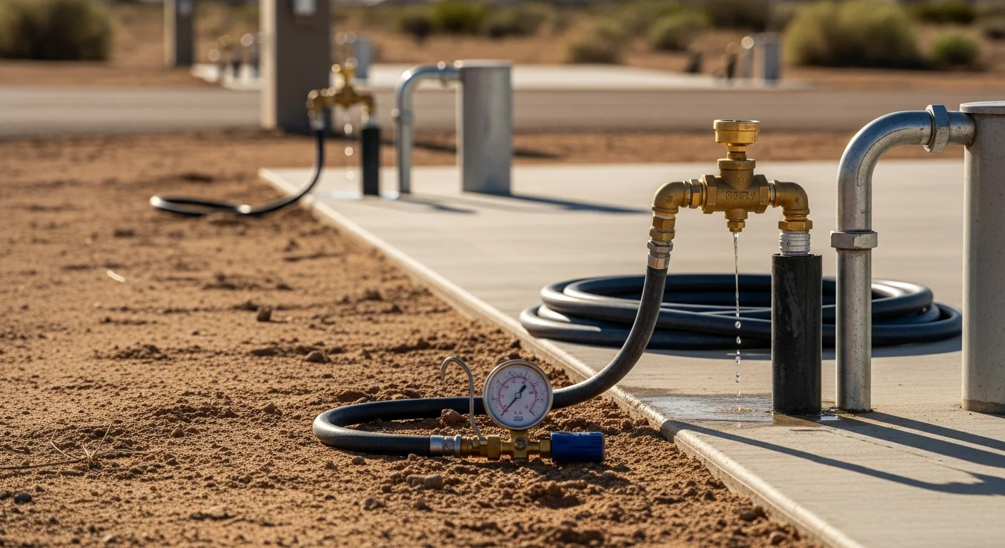 A plumber winterizing RV hookup water lines at an outdoor RV park site in Hobbs, New Mexico, with exposed pipe connections and drain valves visible in dry high-desert surroundings. The work shows low-point drain access and site water shutoff points being serviced before winter.