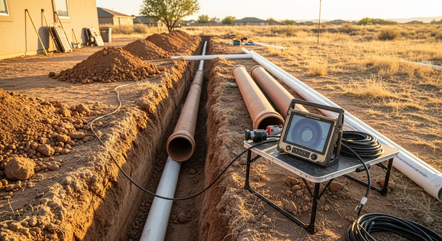 A freshly installed residential sewer line in a Hobbs, NM yard, with an open trench showing new pipe laid in dry desert soil. A plumber from Galactic Plumbing Gas inspects the connection point before backfilling.