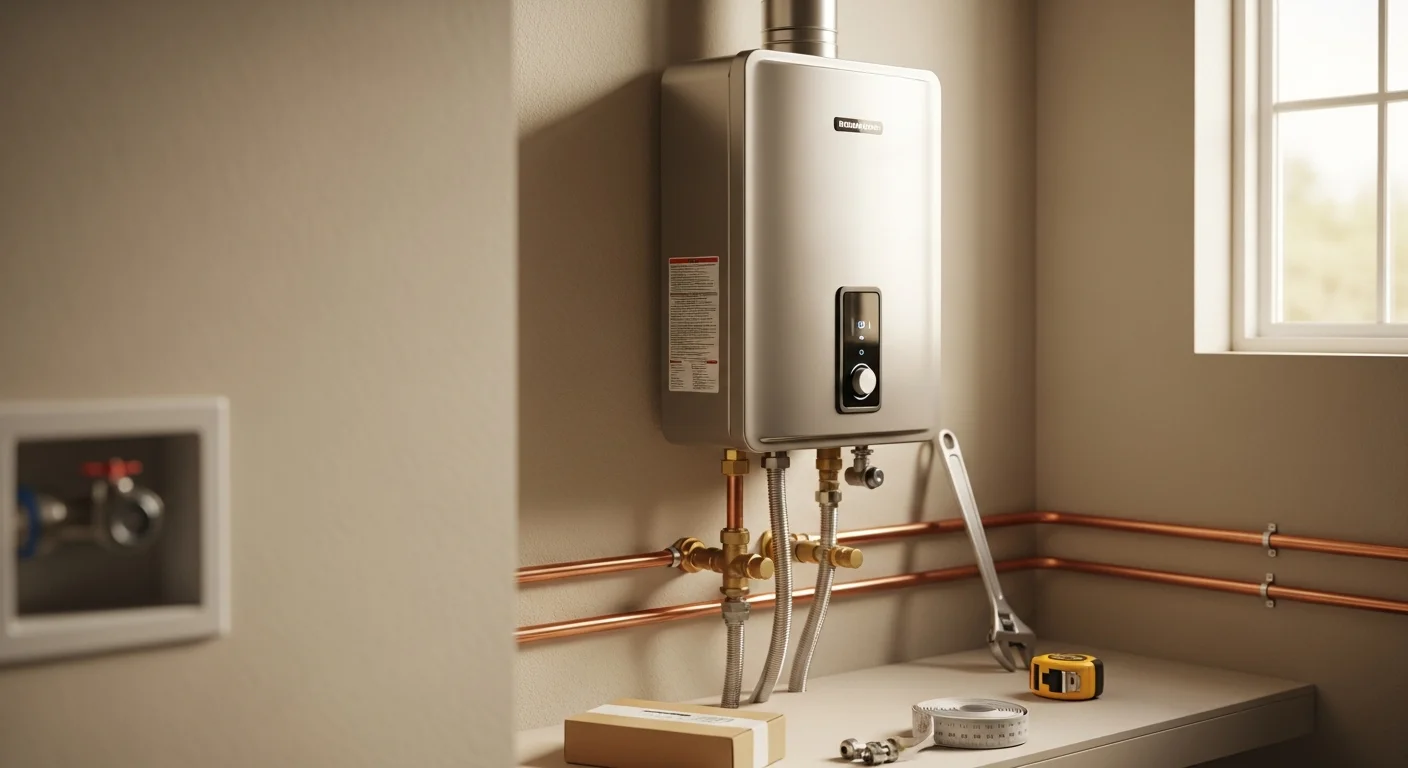 A licensed plumber from Galactic Plumbing Gas mounting a tankless water heater unit on an interior utility room wall in a Hobbs, New Mexico home. The compact wall-mounted unit replaces a traditional storage tank, with new gas line and venting connections visible.