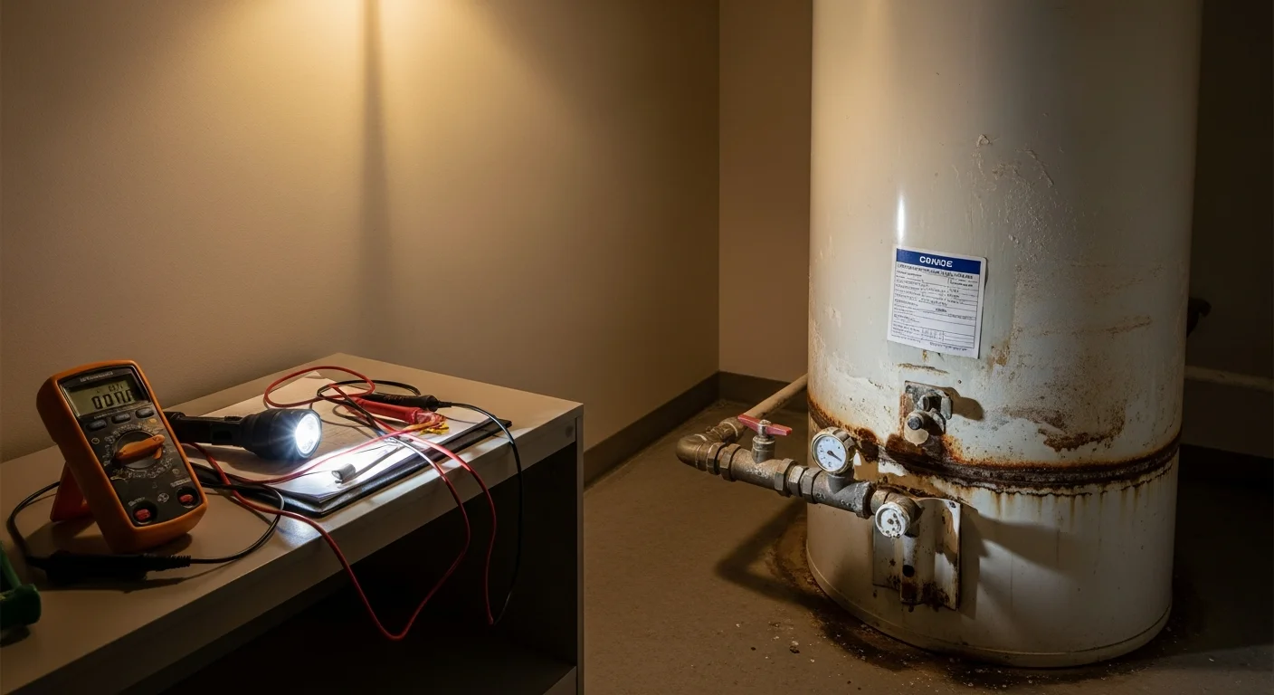 A plumber inspecting a residential tank-style water heater in a utility room, checking the anode rod and pressure relief valve. The setting reflects a typical Hobbs, NM home where hard water mineral buildup is a common maintenance concern.