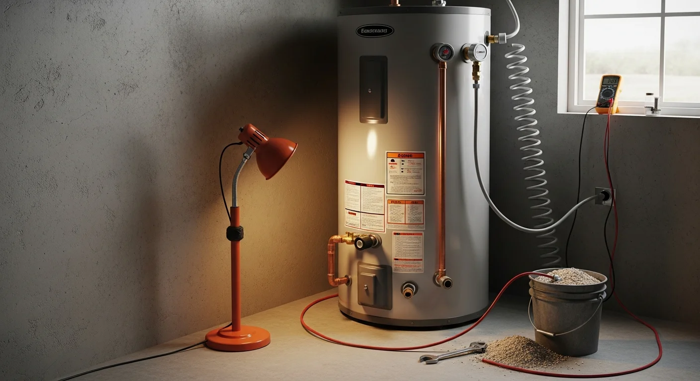 A newly installed water heater in a utility room of a Hobbs, NM home, with copper supply lines and a gas connection secured to the wall. A licensed plumber from Galactic Plumbing Gas checks the pressure relief valve during the final inspection.