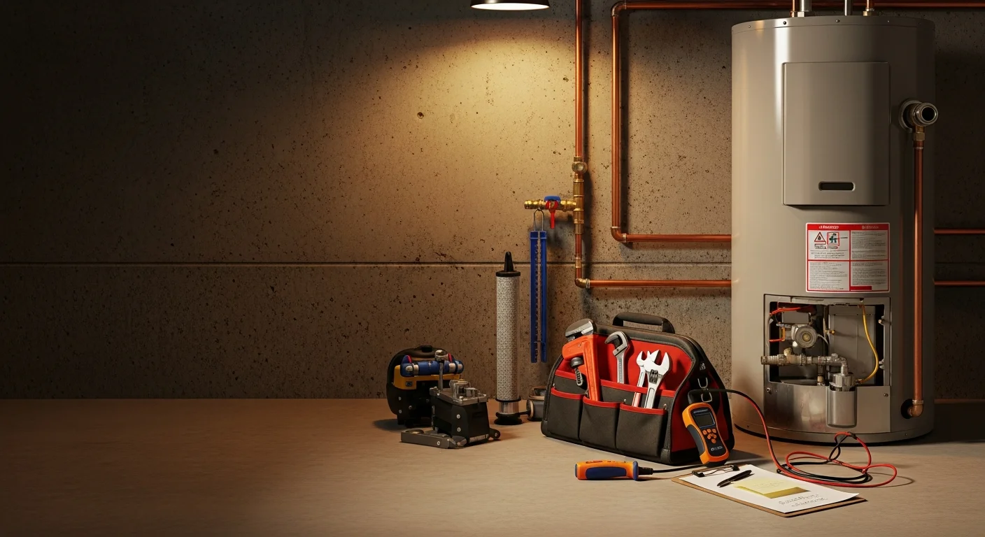 A plumber inspecting and repairing a tank-style water heater inside a Hobbs, NM home utility space. The technician checks connections and components with hand tools during a service call.