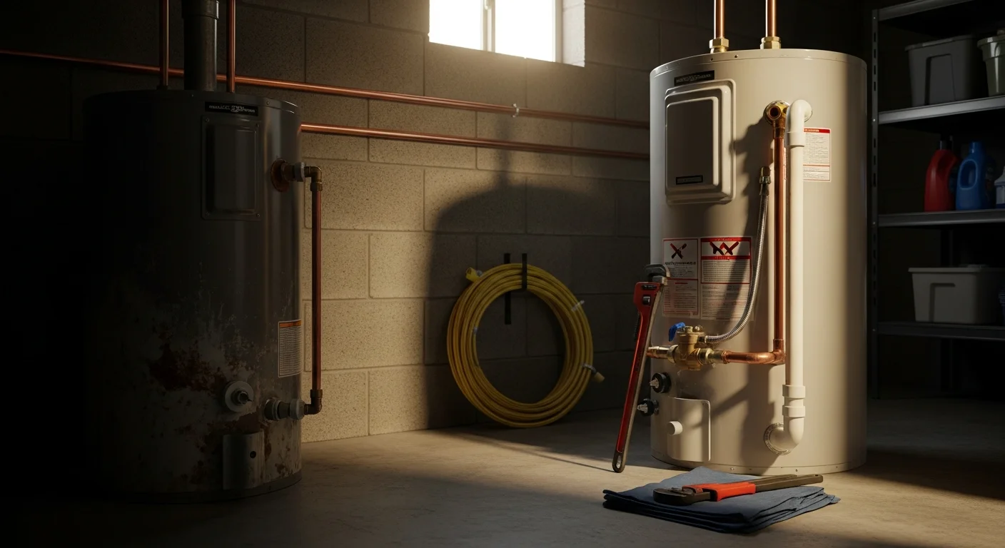 A licensed plumber from Galactic Plumbing Gas installing a new water heater in the utility area of a single-family home in Hobbs, New Mexico. The old tank has been removed and the new unit is connected to the gas line and water supply.