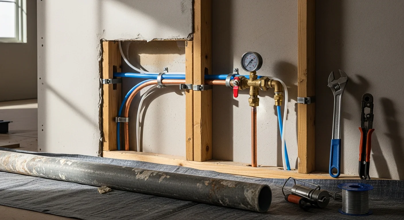 A licensed plumber from Galactic Plumbing Gas installing new supply piping inside the wall cavity of a Hobbs, NM home during a whole-house water repipe. Freshly run pipe lines connect from the main shutoff toward multiple fixture locations in the residence.
